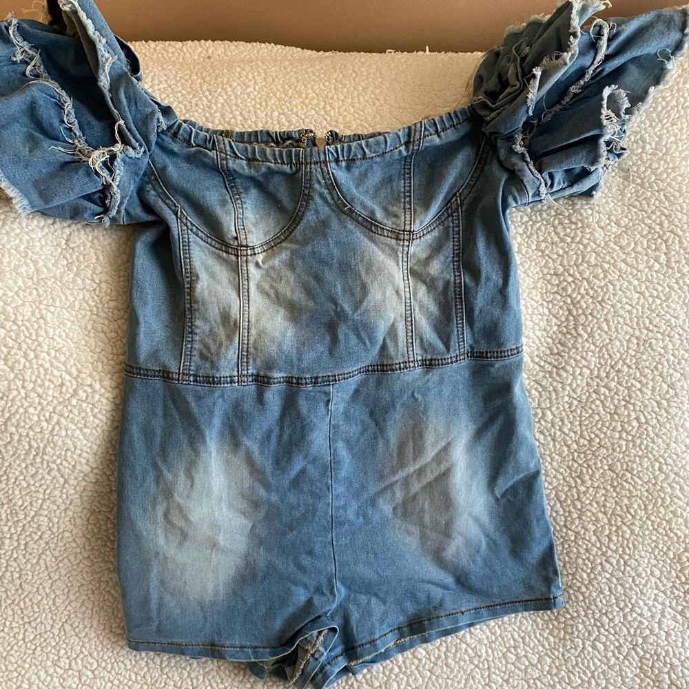 Denim Off-Shoulder Ruffle Romper - Light Blue